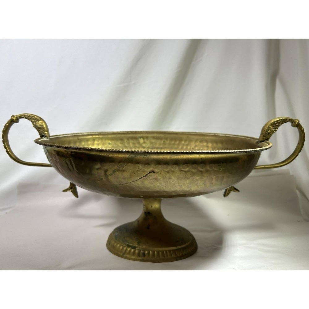 Vintage MCM Brass Serpent Koi Fish Compote Footed Centerpiece Dish Decor